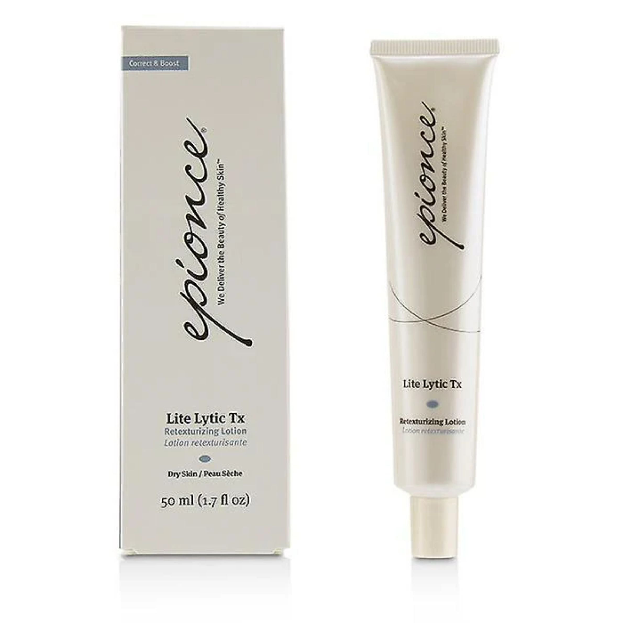 Epionce Lite Lytic Tx lotion tube and packaging on a white background