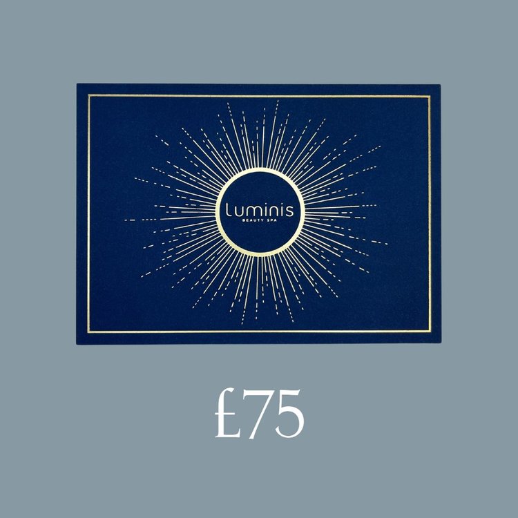 A flat lay photo of a Luminis Gift card featuring a blue background and £75 title below.n