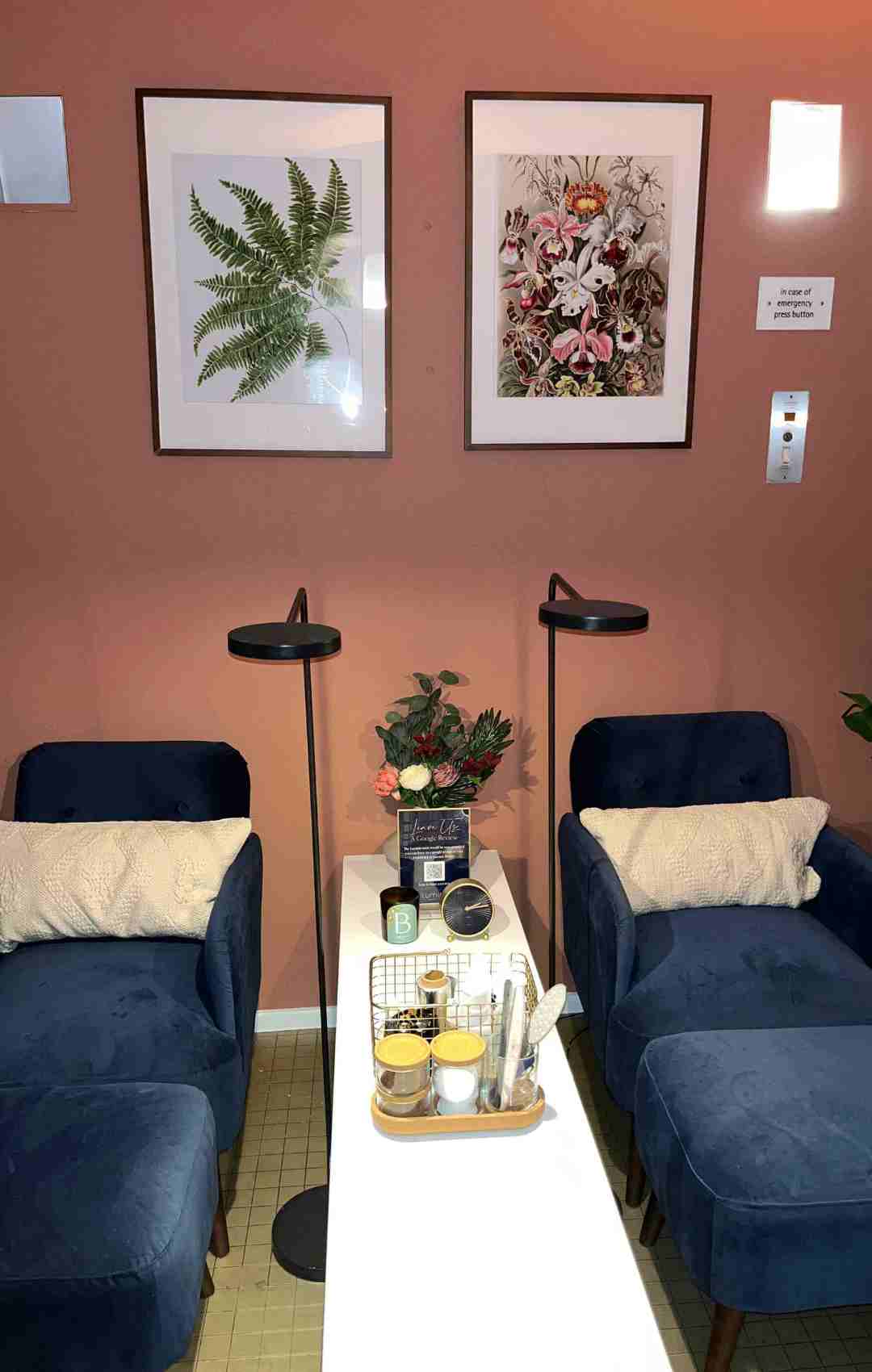Two navy velvet plush chaise lounges for pedicures in a luxe beauty salon with terracotta painted walls.