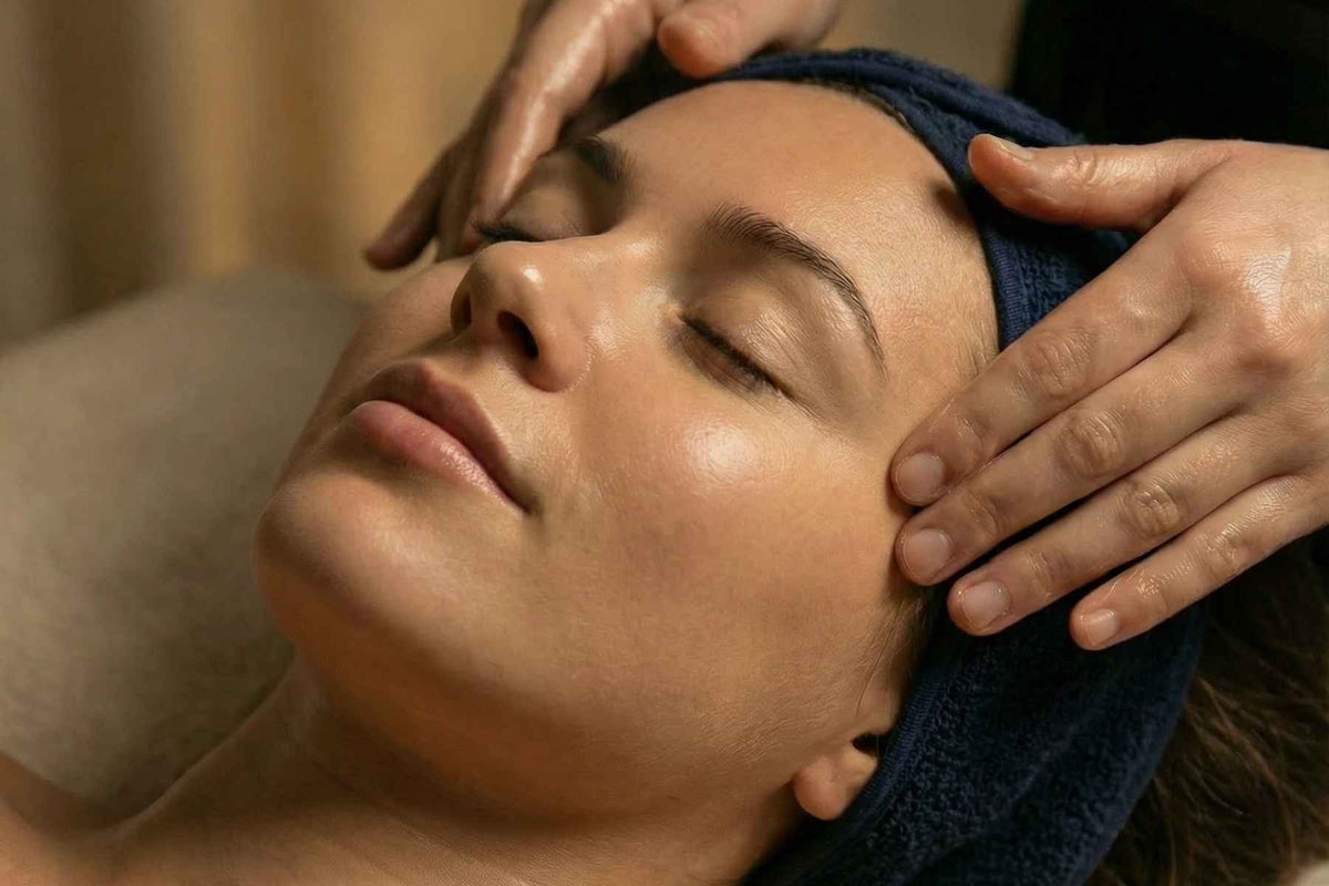 Person receiving a head massage with hands on their head and shoulders.