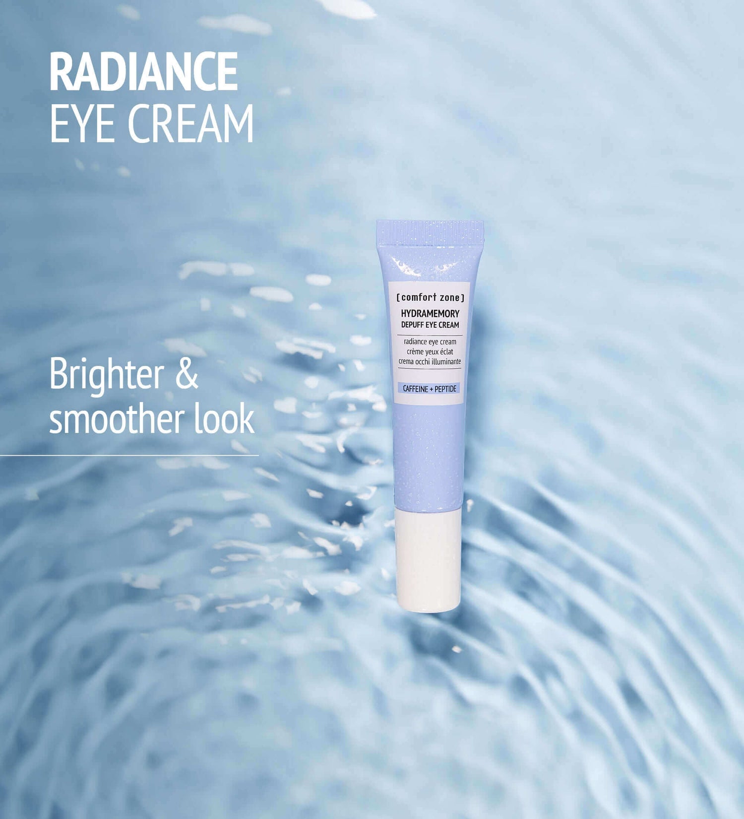 The Hydramemory Eye Cream from comfort zone is displayed with water in the background accompanied by a description.