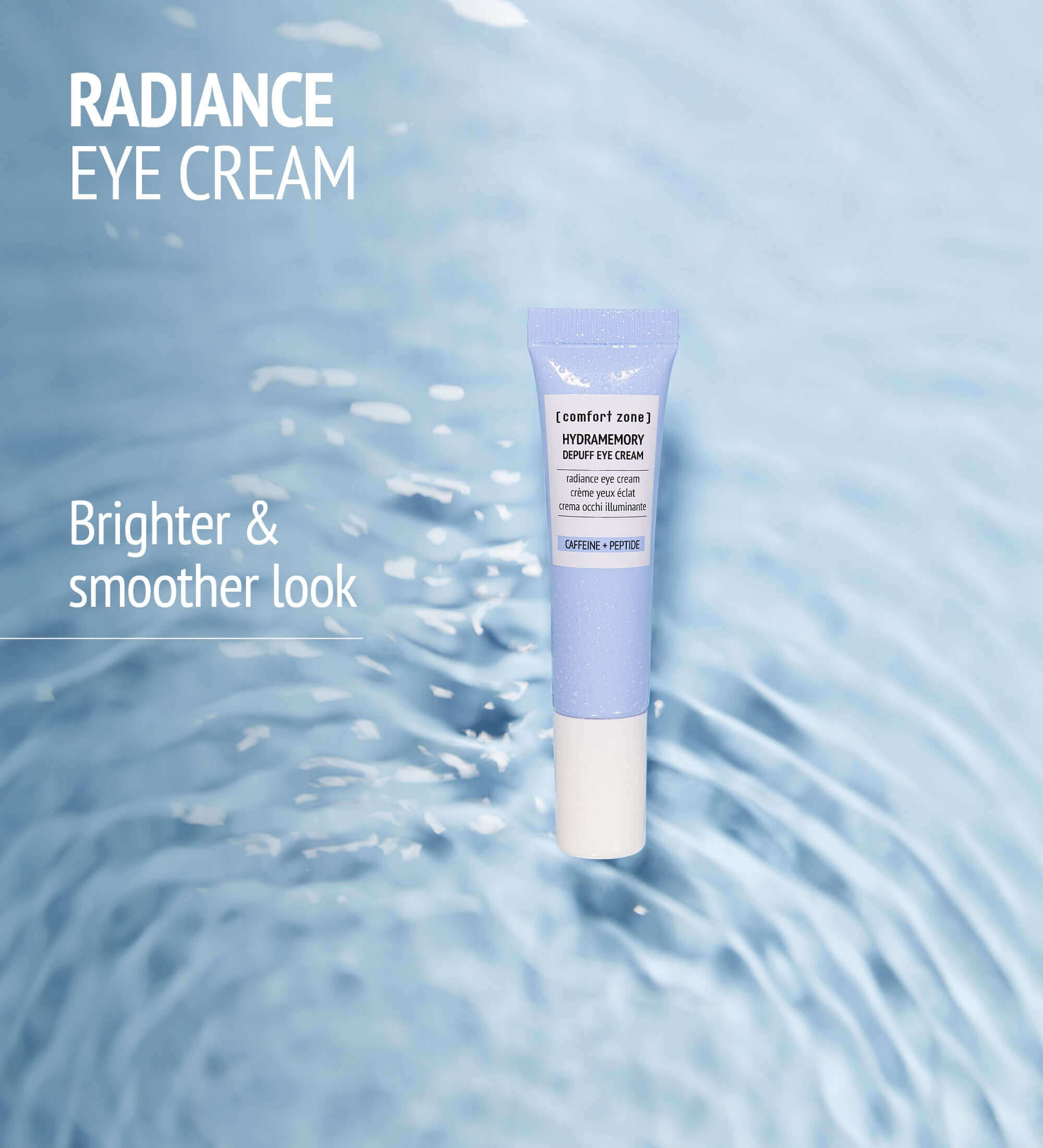 The Hydramemory Eye Cream from comfort zone is displayed with water in the background accompanied by a description.