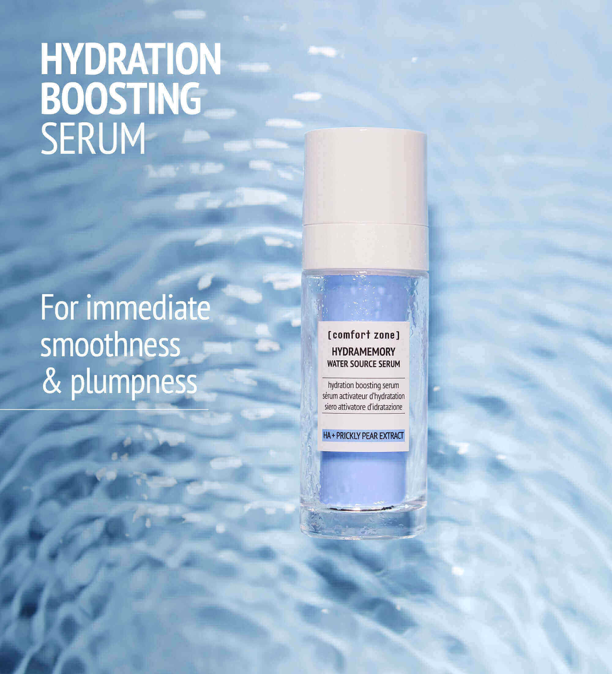 The Hydramemory Water Source Serum from comfort zone is displayed with water in the background accompanied by a description.