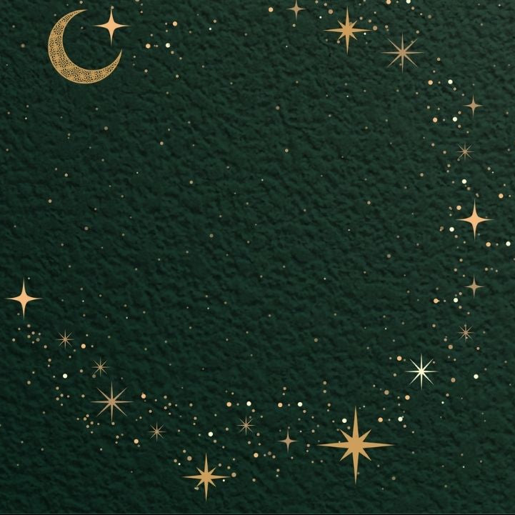 Decorative design with gold crescent moon and stars on a textured green background