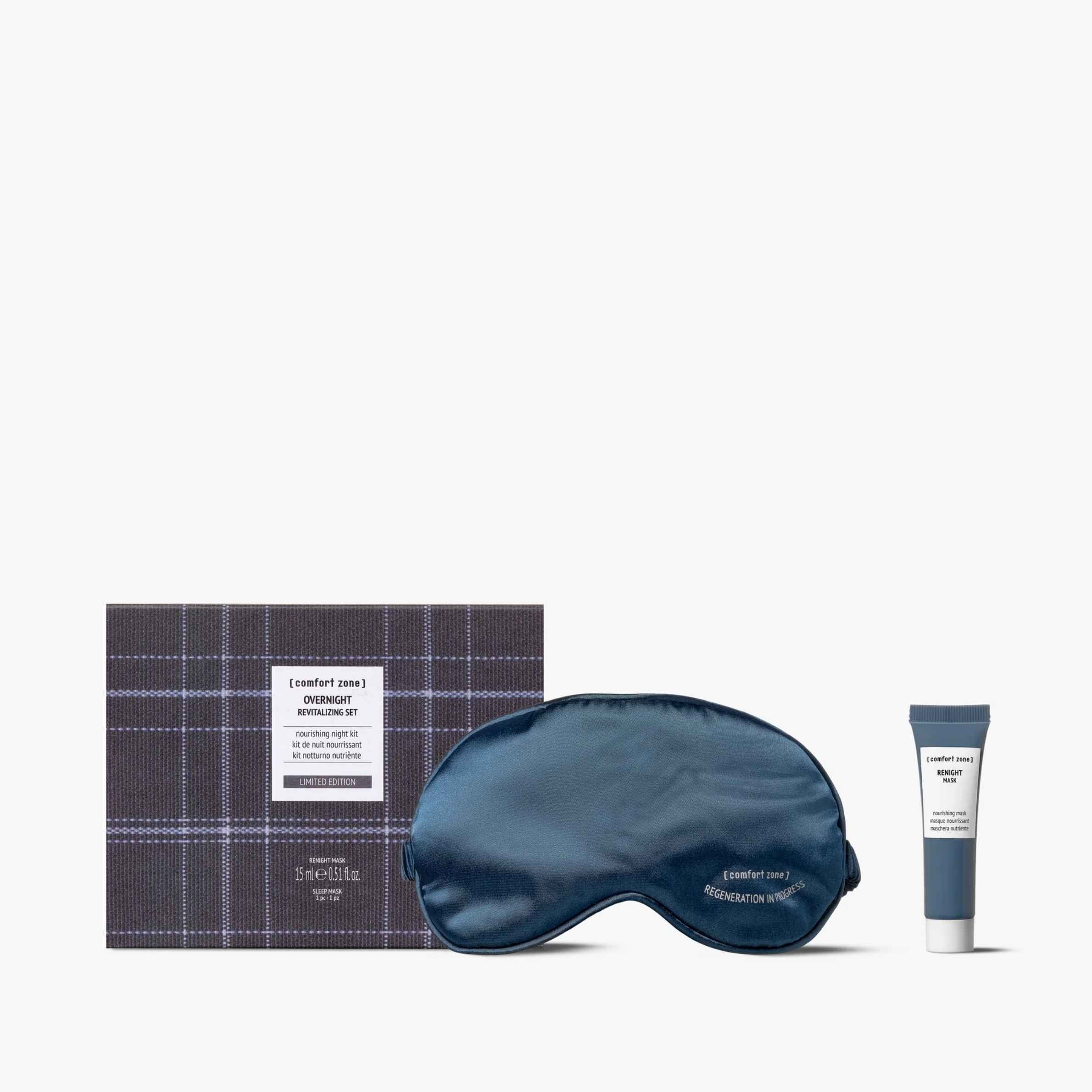 Sleep mask, plaid-patterned box, and tube of cream on a white background