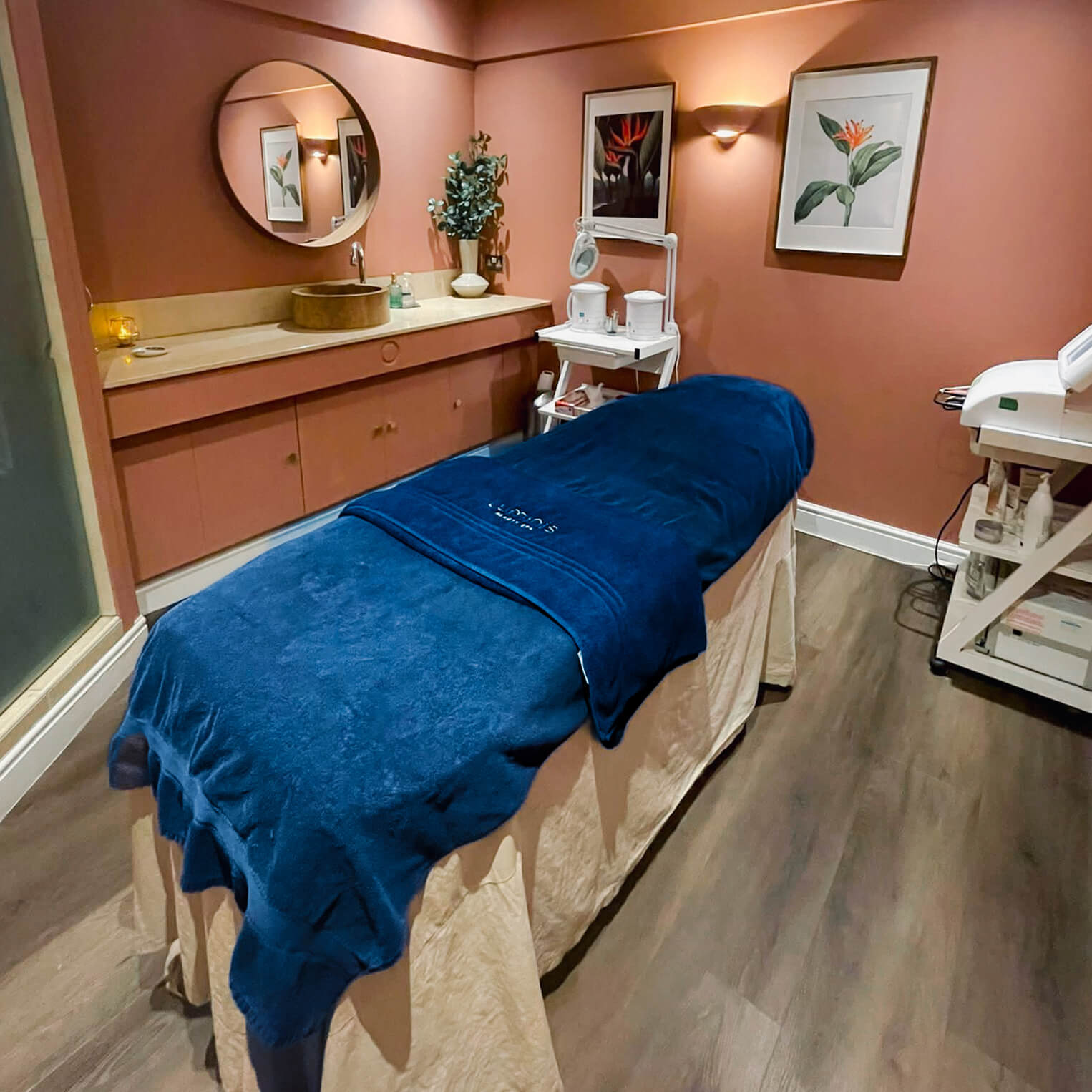 Interior details of a treatment room in a beauty spa. 