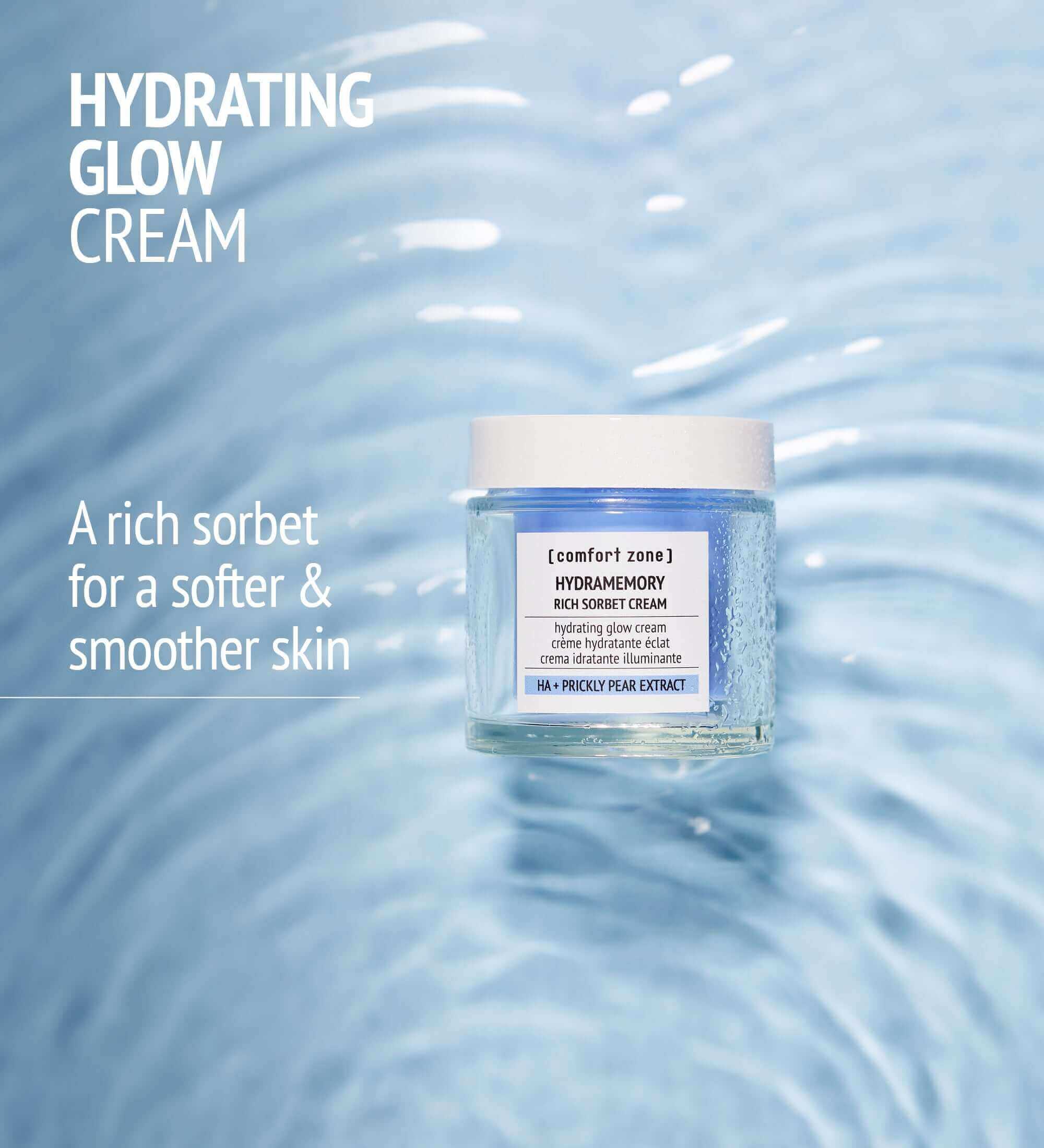 The Hydramemory Rich Sorbet Cream from comfort zone is displayed with water in the background accompanied by a description.