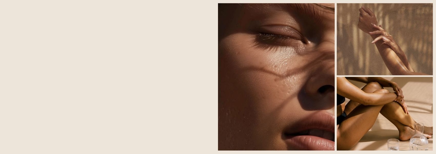 A warm-toned collage of close-up beauty shots featuring a woman's face, arm, and legs, with soft shadows and a light beige background.