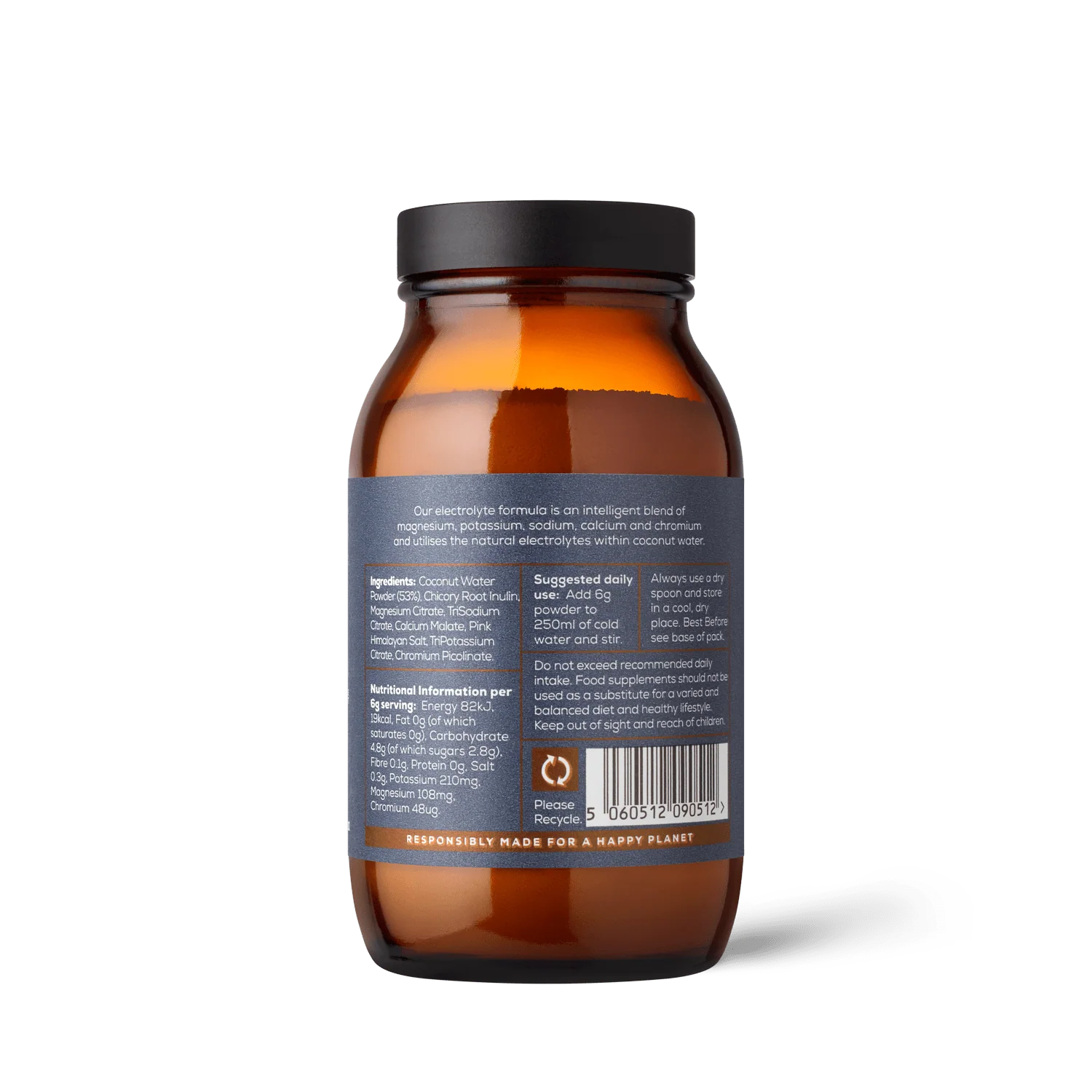 Brown supplement bottle with label on a white background
