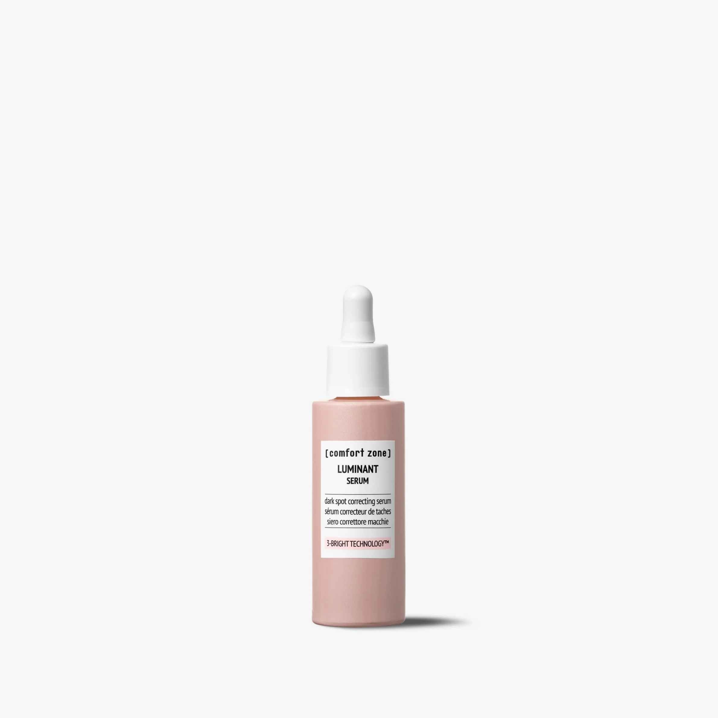 Skincare serum bottle with white cap on a white background