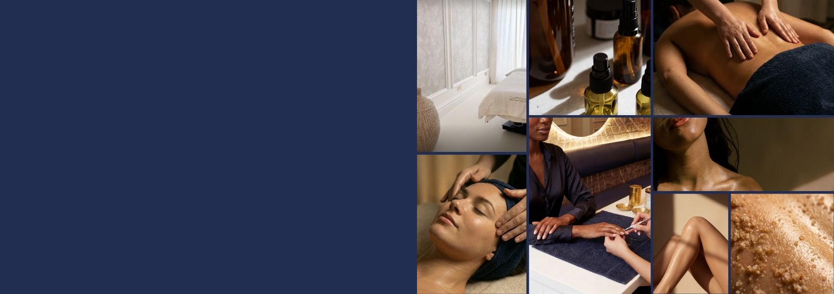 Collage of various massage scenes with people receiving treatments.