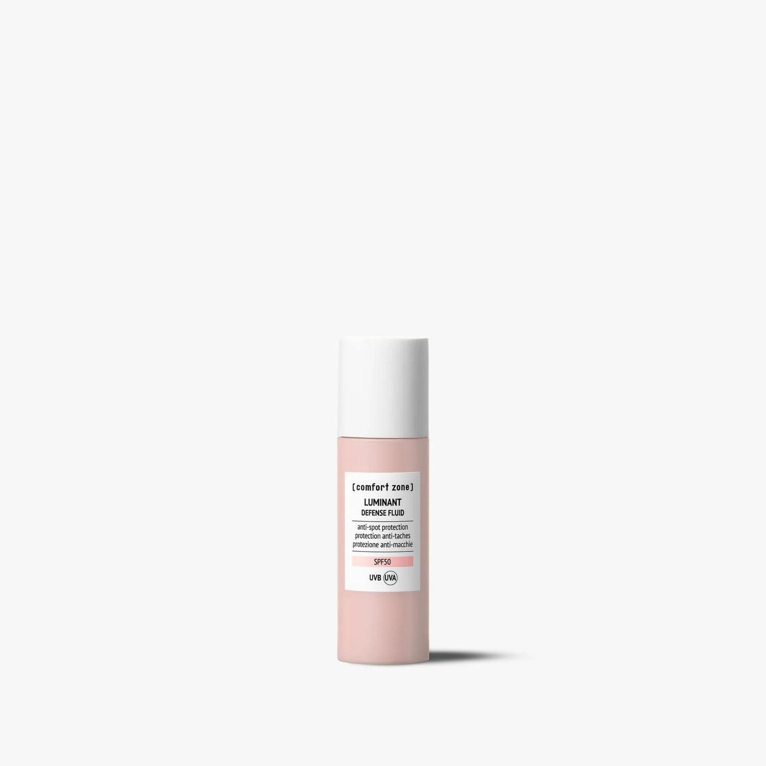 Skincare bottle with pink cap and white label on a white background