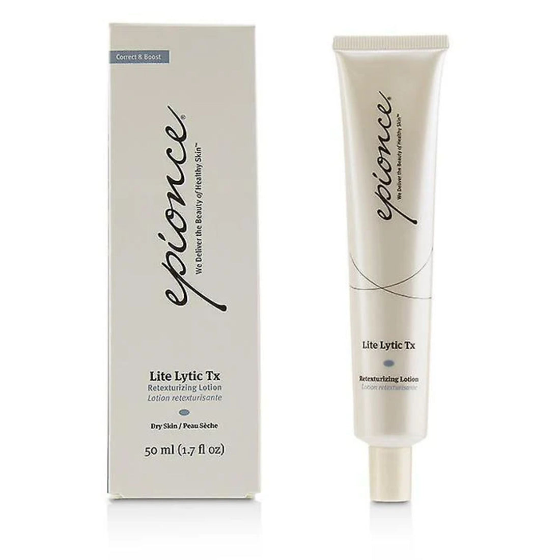 Epionce Lite Lytic Tx lotion tube and packaging on a white background