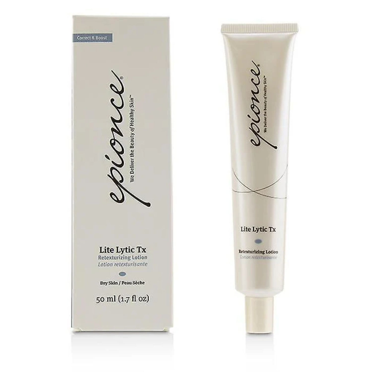 Epionce Lite Lytic Tx lotion tube and packaging on a white background