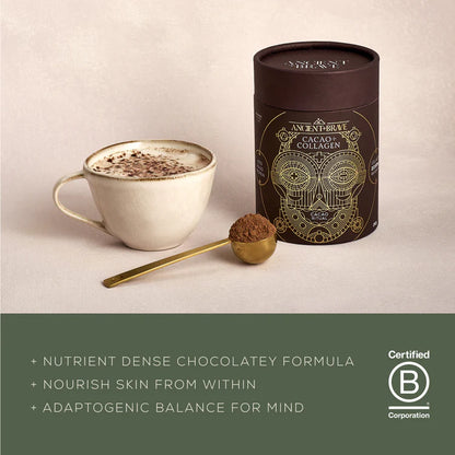 Cacao and collagen product with a cup of cacao and a spoonful of powder on a beige background.