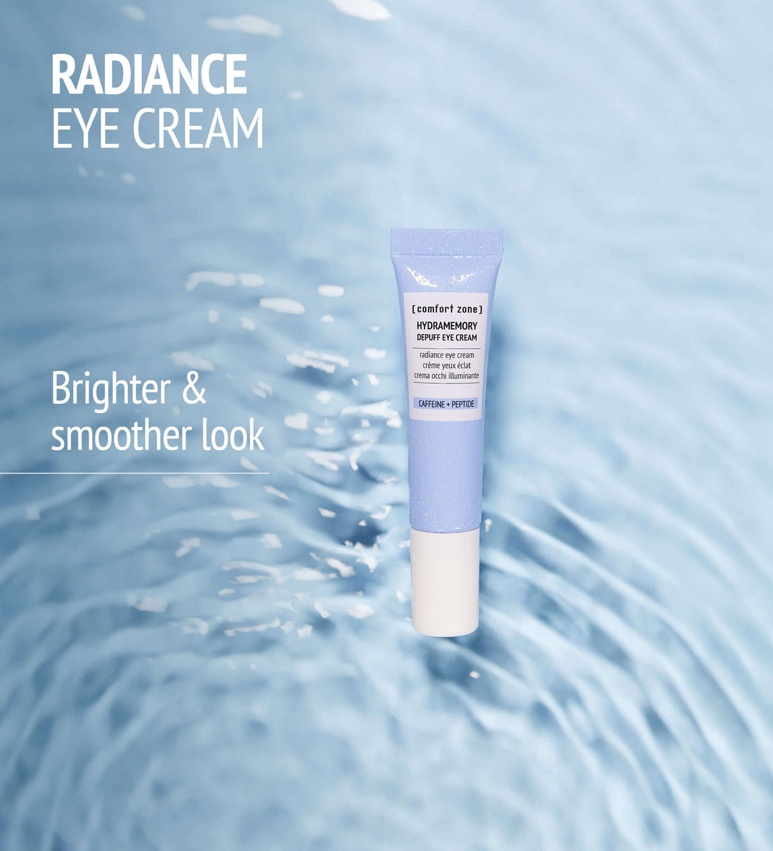 The Hydramemory Eye Cream from comfort zone is displayed with water in the background accompanied by a description. 