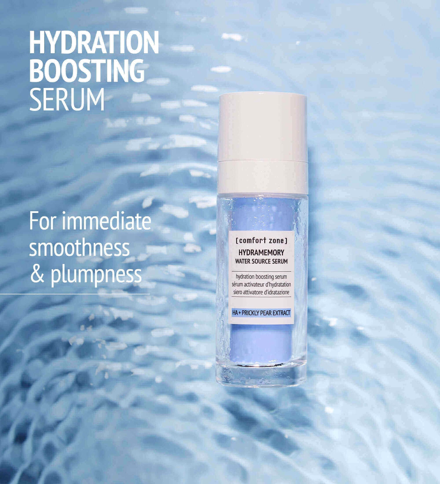 The Hydramemory Water Source Serum from comfort zone is displayed with water in the background accompanied by a description. 