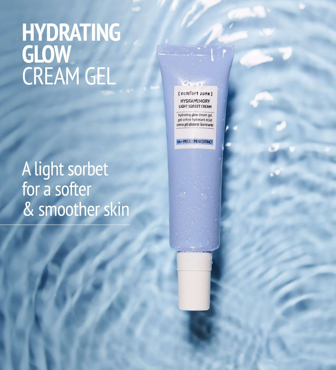 The HydramemoryLight Sorbet Cream from comfort zone is displayed with water in the background accompanied by a description.