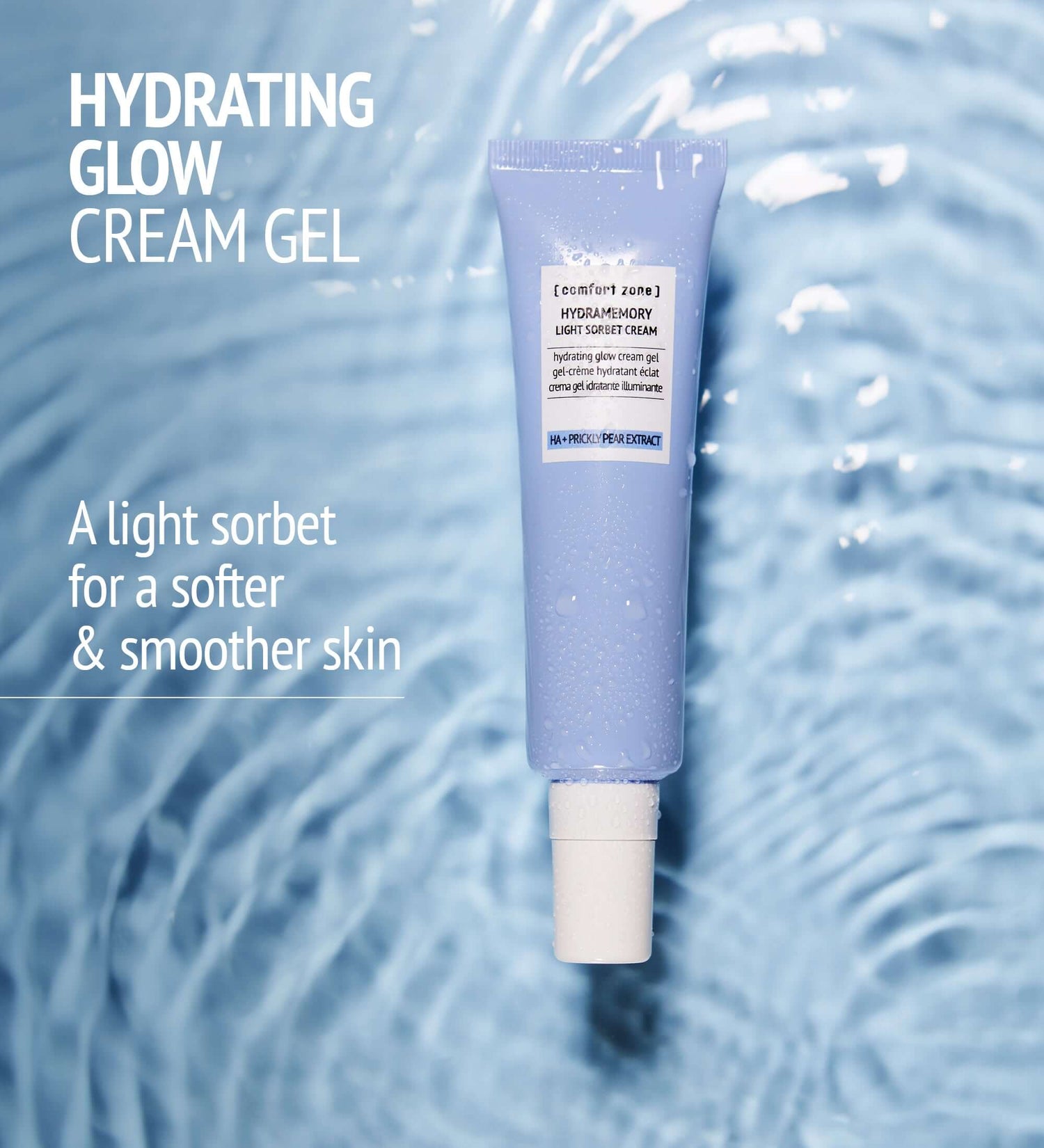 The HydramemoryLight Sorbet Cream from comfort zone is displayed with water in the background accompanied by a description. 