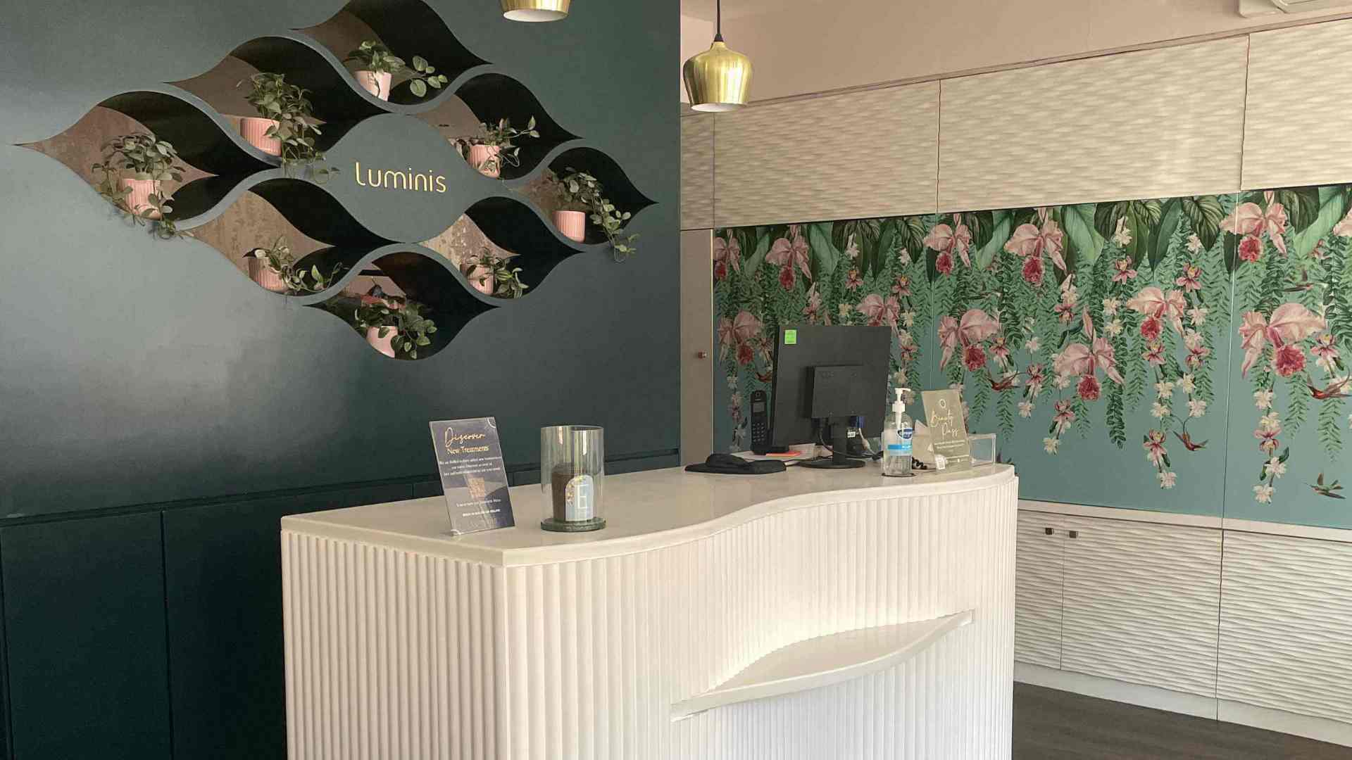 The interior details of the modern reception of Luminis Beauty Spa in Reigate. 