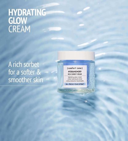 The Hydramemory Rich Sorbet Cream from comfort zone is displayed with water in the background accompanied by a description. 