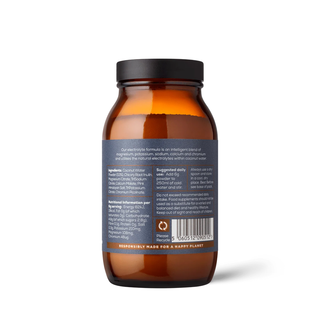 Brown supplement bottle with label on a white background