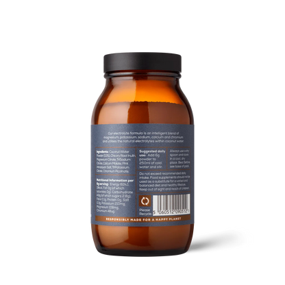 Brown supplement bottle with label on a white background