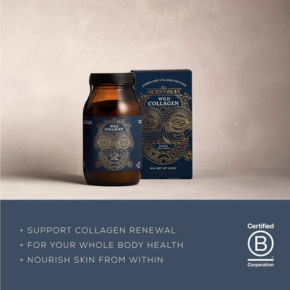 Brown bottle and blue box of Wild Collagen with certification logo on a beige background