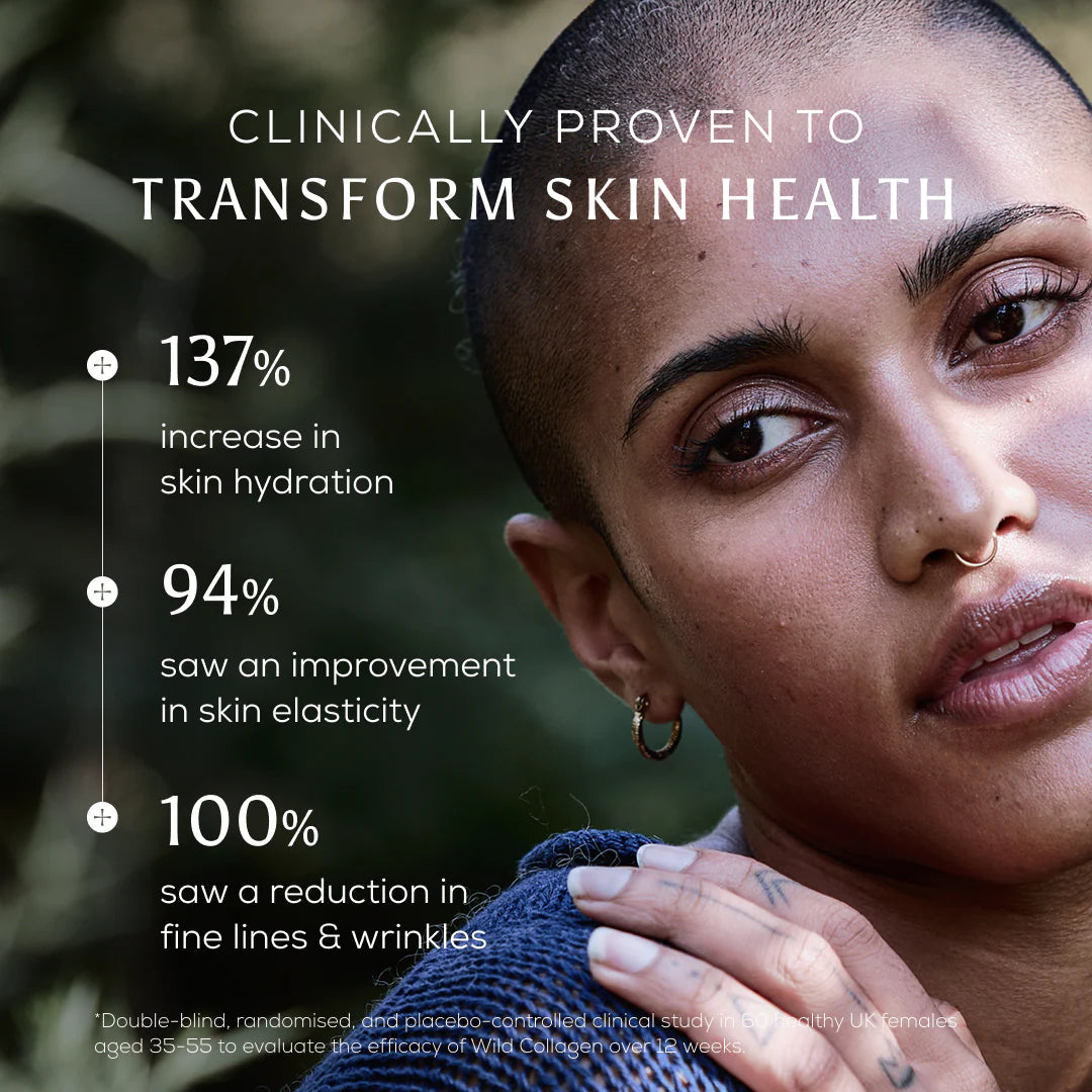 Woman with a shaved head and earrings, with text about skin health benefits.