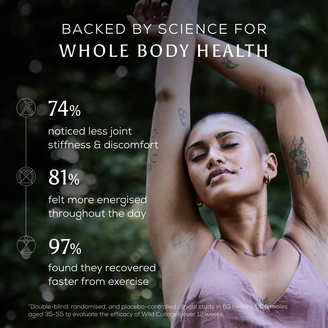 Woman stretching outdoors with health benefits text overlay