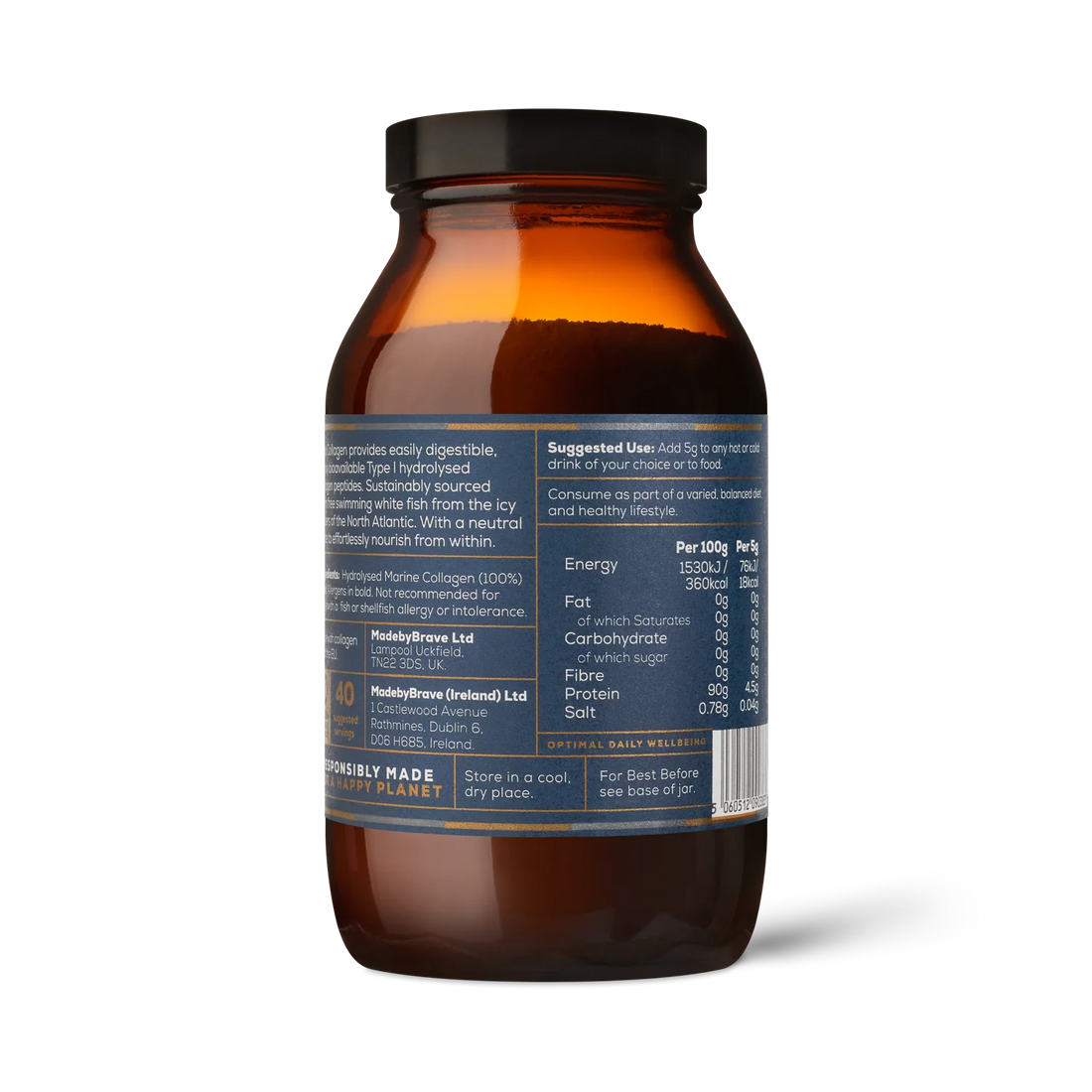 Brown supplement jar with a label on a white background