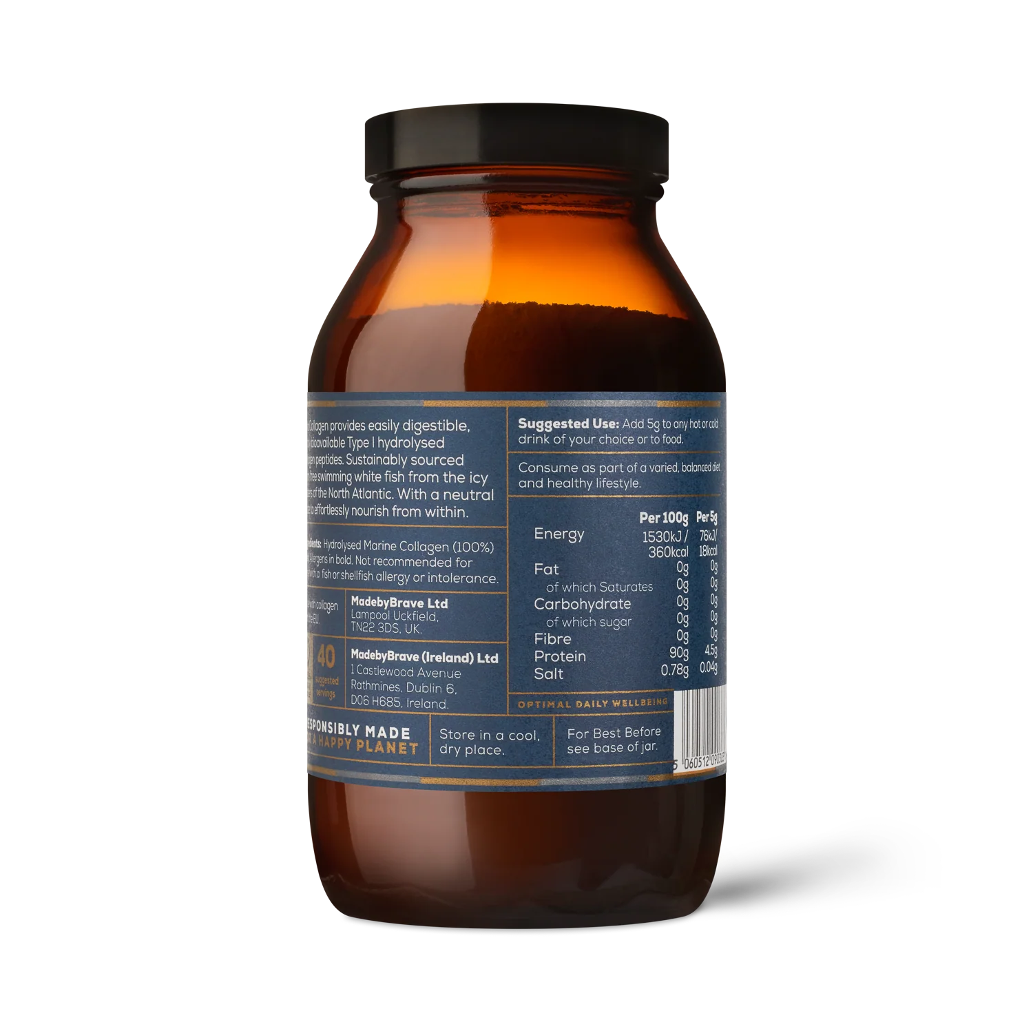 Brown supplement jar with a label on a white background