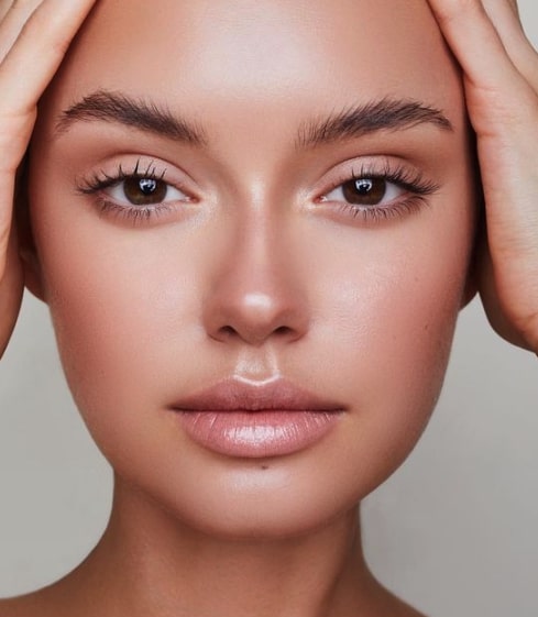 A close up woman model with both hands holding the side of her head, showcasing her glowing skin and beautiful eyelashes and eyebrows.