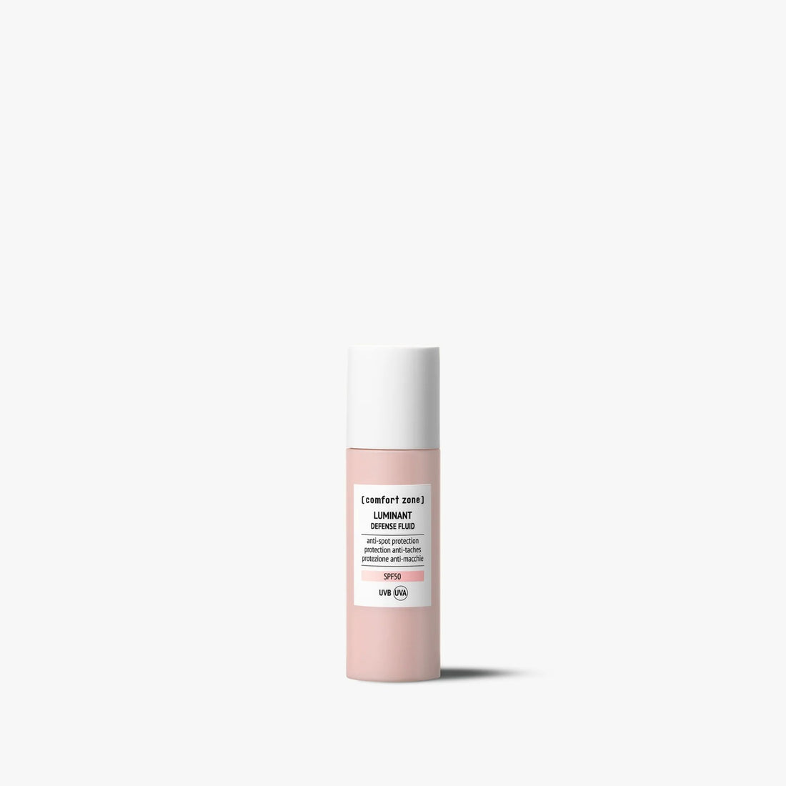 Skincare bottle with pink cap and white label on a white background