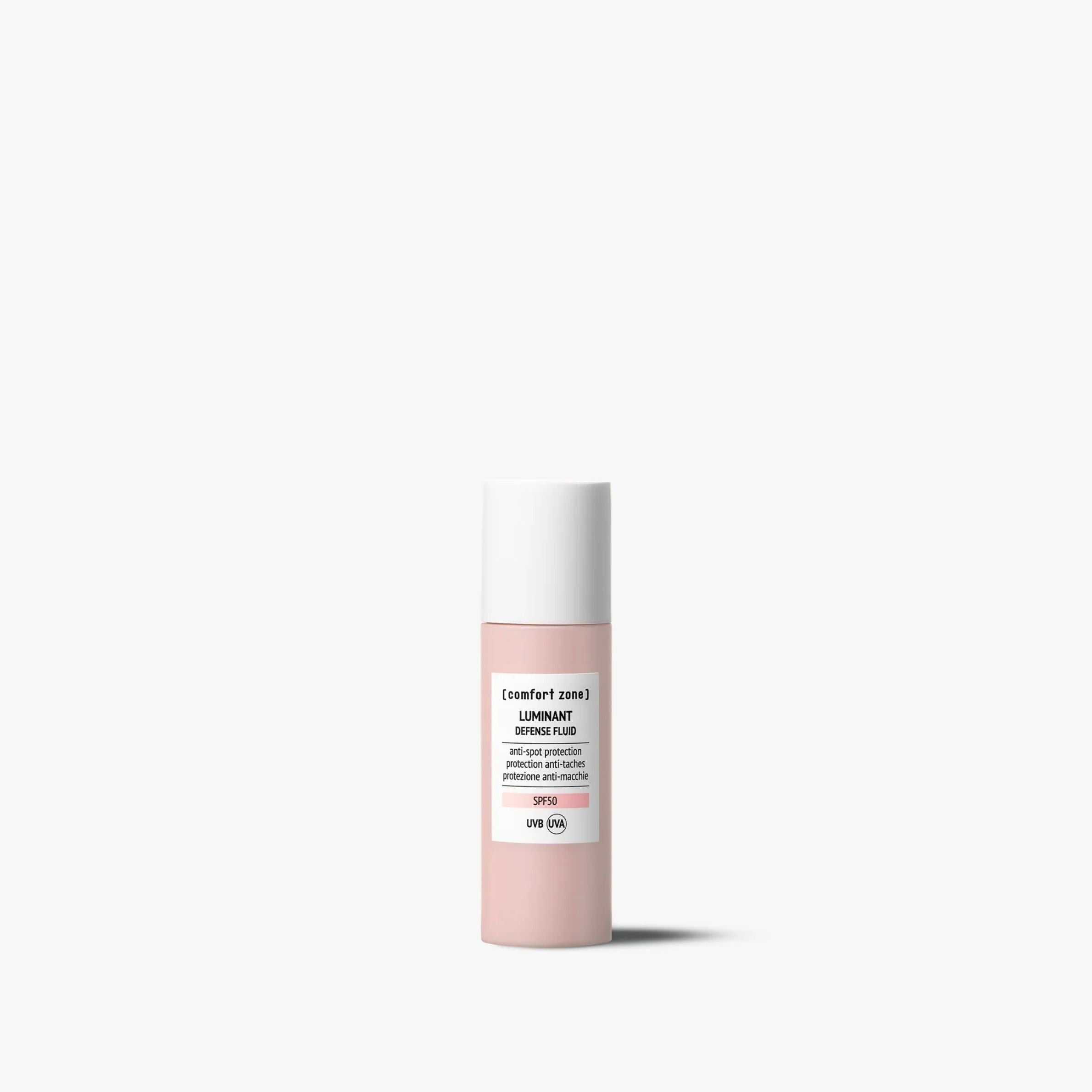 Skincare bottle with pink cap and white label on a white background
