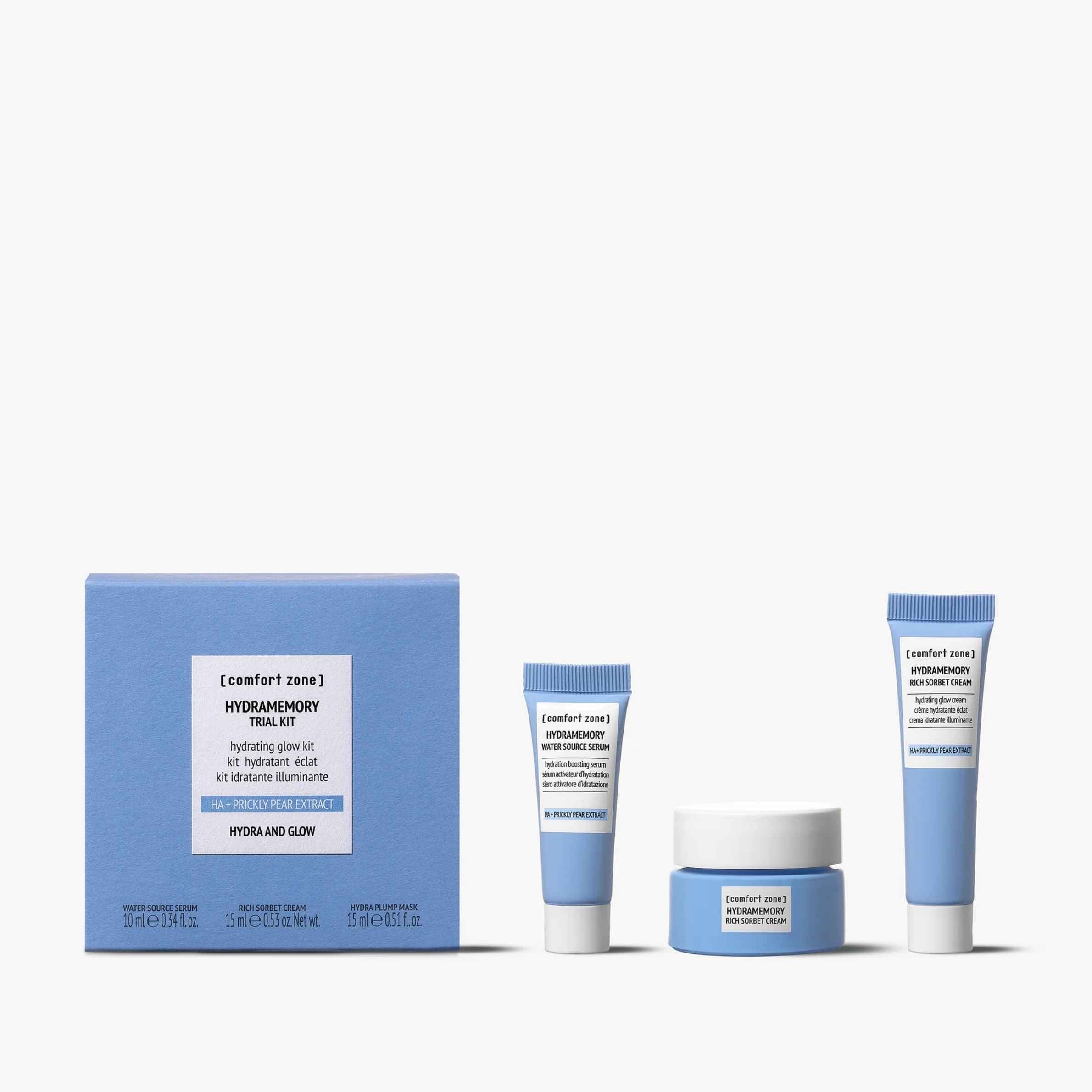 Skincare product set with blue and white packaging on a white background