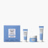 Skincare product set with blue and white packaging on a white background